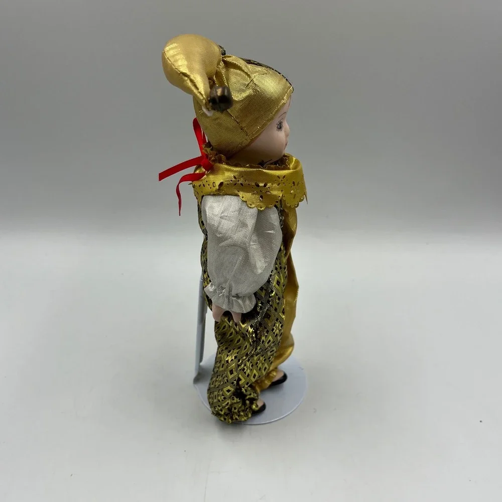 Vintage Porcelain Harlequin Jester Doll Gold Silver Metallic 8.5 Inch with Stand